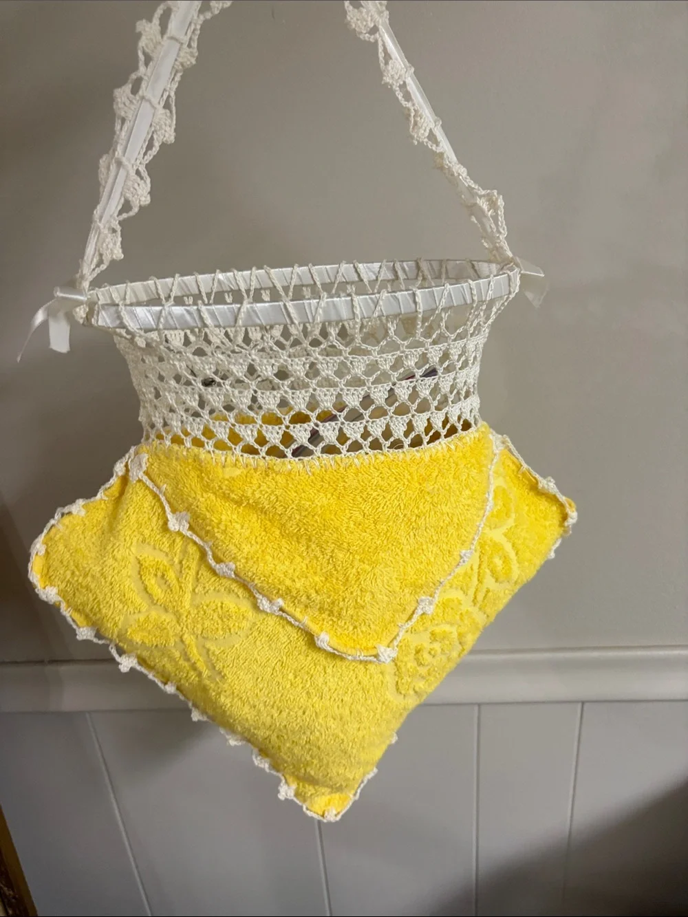 Vintage Clothespin holder featuring yellow terry cloth and crocheted lace trim